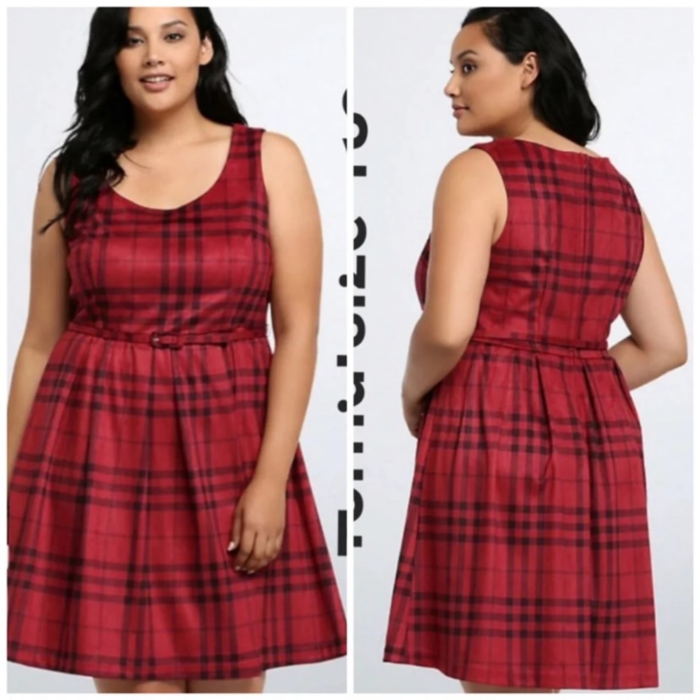 Torrid Red & Blk Plaid Skater Velvet Dress Size 12